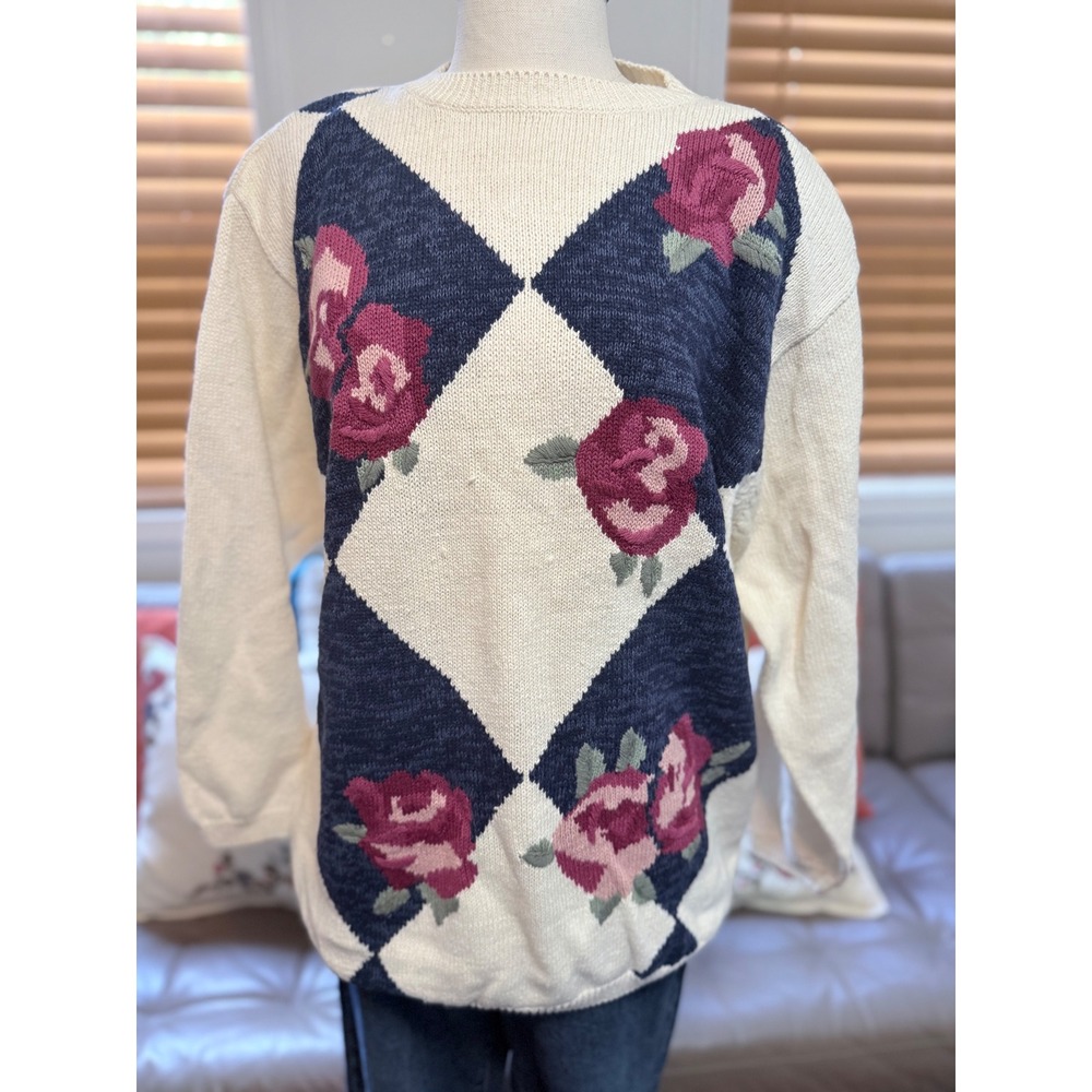 Vintage 90s Argyle Floral Sweater Navy Cream 2X 18/20